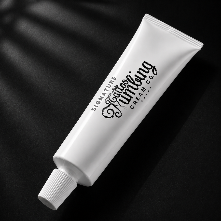 Signature tattoo numbing cream 10g tube beside its retail box