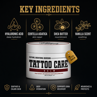Tattoo care balm ingredients: hyaluronic acid, centella asiatica and shea butter