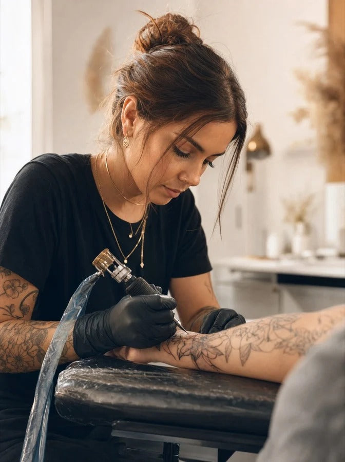 Tattoo artist outlining a floral forearm piece in a bright, calm studio