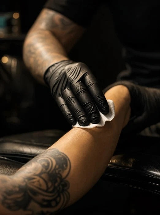 Tattoo artist in black gloves wiping the skin clean before applying numbing cream